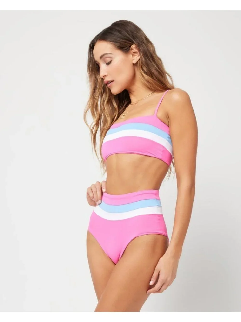 L*Space Portia Stripe Bikini Bottoms in Bubblegum Pink White Aura XLarge New